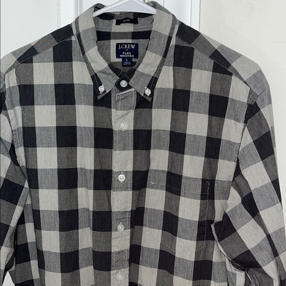 Gray Plaid Black J Crew Flex Wash Checkerboard LS Casual Shirt L Slim